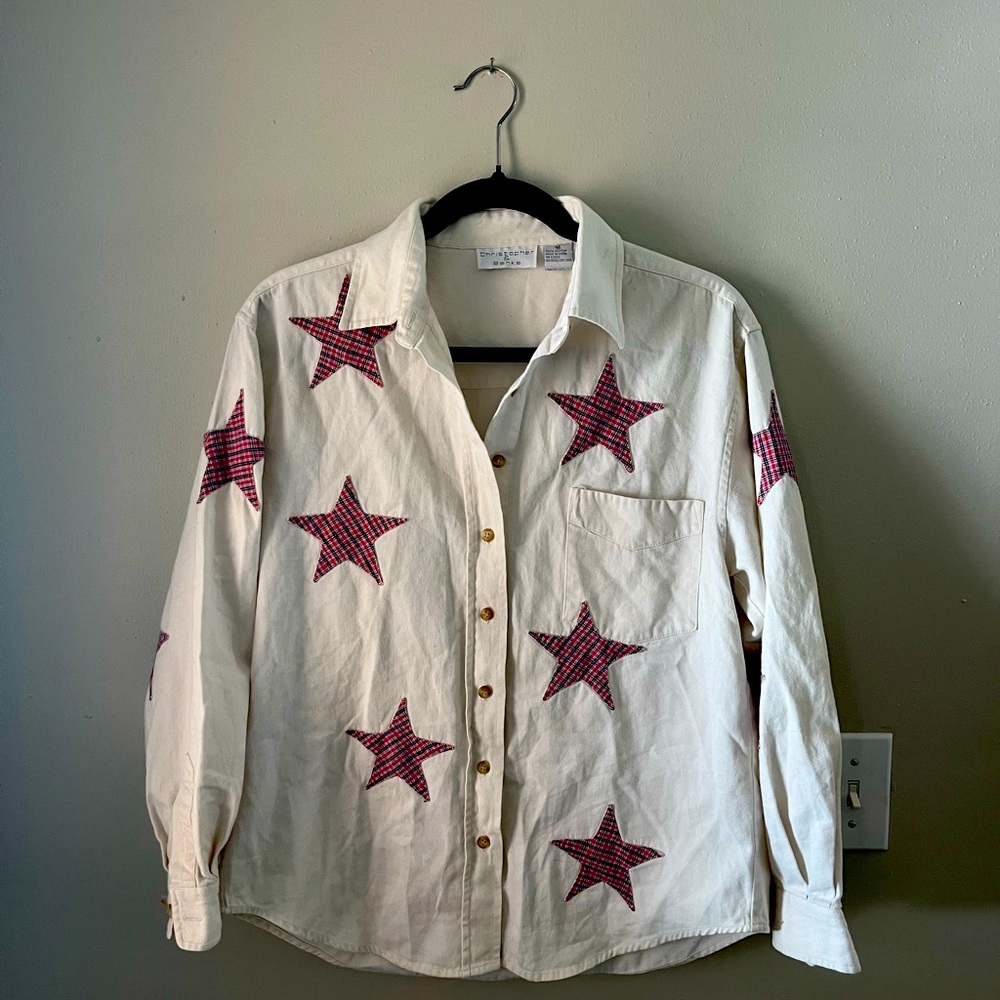 White Star Patchwork Button Up Shirt 100% Cotton Women’s Size Medium